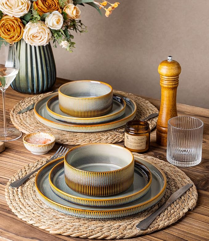 TheTerra Ceramic Dinnerware Sets for 4 12 Pieces Porcelain Lightweight Plates and Bowls Sets Scratch Resistant Dish Set Oven &amp Microwave &amp Dishwasher Safe Dusk Blue