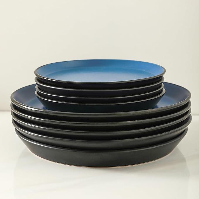 Stone Lain Albie Stoneware 16-Piece Modern Dinnerware Set Kitchen Plates and Bowls Sets Service for 4 Blue and Black Microwave &amp Dishwasher Safe