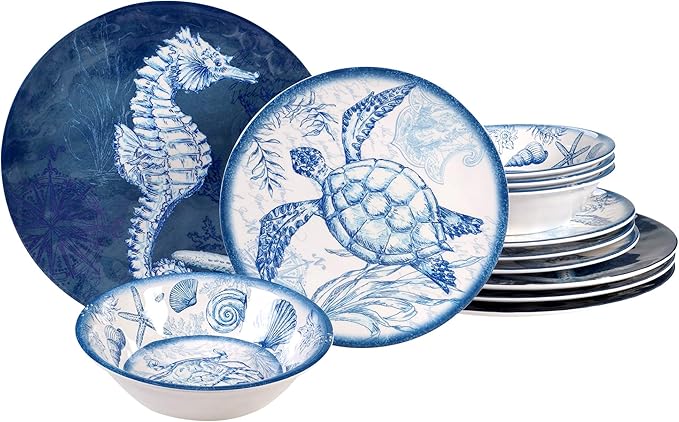 Certified International Oceanic 12 piece Melamine Dinnerware Set Service for 4 Multi Colored