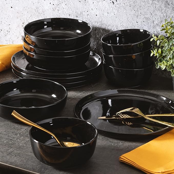 Gibson Home Oslo 12-Piece Porcelain Chip and Scratch Resistant Dinnerware Set Service for 4 – Black Plates and Bowls Microwave &amp Dishwasher Safe