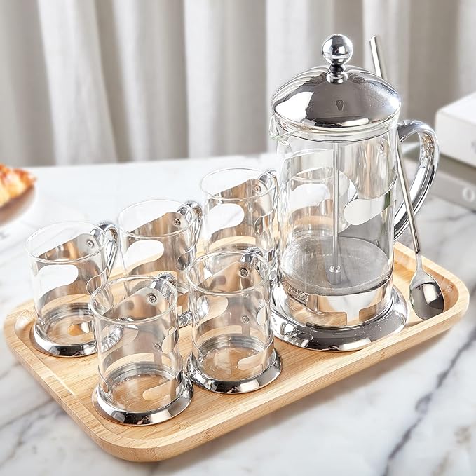 DUJUST Silver French Press Set with 6 Cups &amp Tray Luxury Design Coffee Maker with 4-Level Filter System Hot &amp Cold Resistant Glass French Coffee Press Set Well Packed Holiday Gift &amp Ho