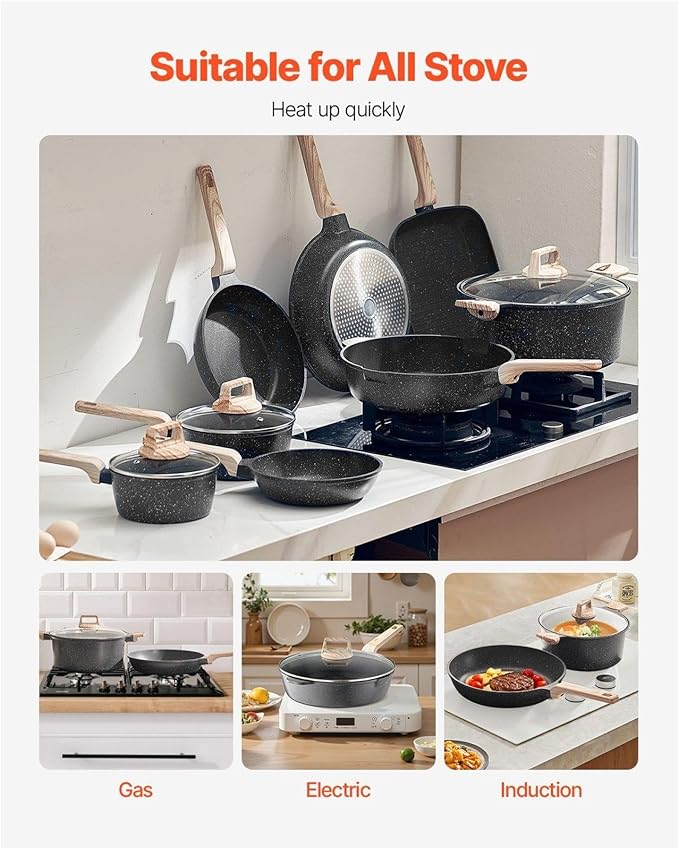 19 Piece Pots and Pans Set Granite Nonstick Cookware Set Induction Compatible Kitchen Pots and Pans Black