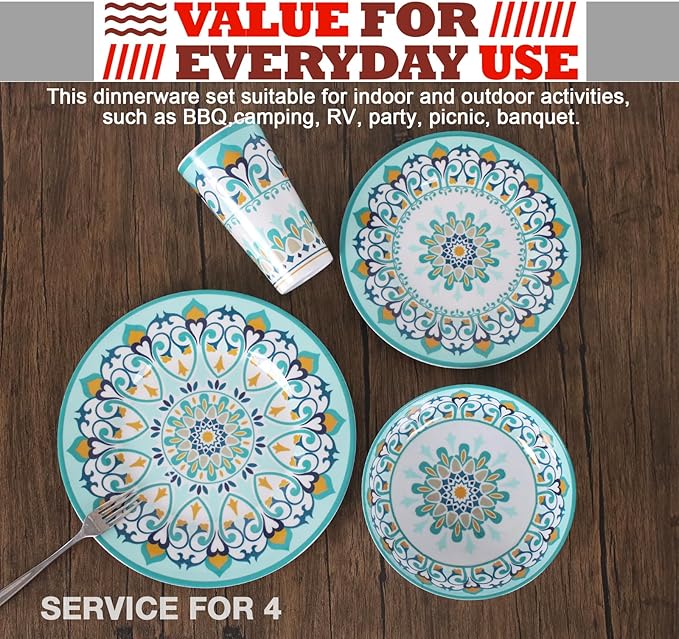 Melamine Dinnerware Set for 4-16 Pcs:Camping Dishes Set with Dinner PlatesSalad PlatesBowls and Cups.Lightweight and Unbreakable.Indoor and Outdoor Use.