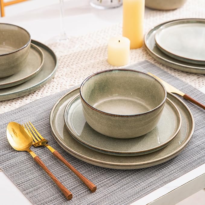 AmorArc 24PCS Ceramic Dinnerware SetsHandmade Reactive Glaze Plates and Bowls SetsHighly Chip and Crack Resistant | Dishwasher &amp Microwave Safe Dishes Set Service for 4 (24pc)