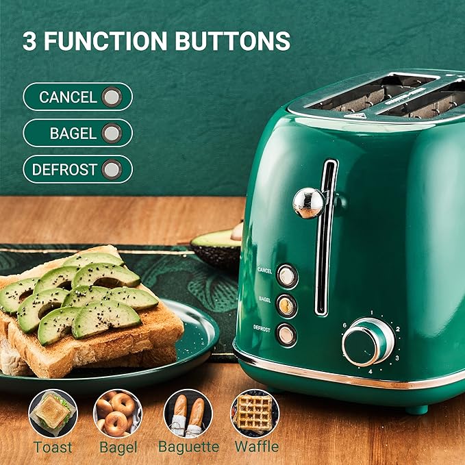 Roter Mond 2 Slice Toaster Retro Stainless Steel with Bagel Cancel and Defrost Functions 6 Bread Shade Settings Extra Wide Slots and Removable Crumb Tray Green