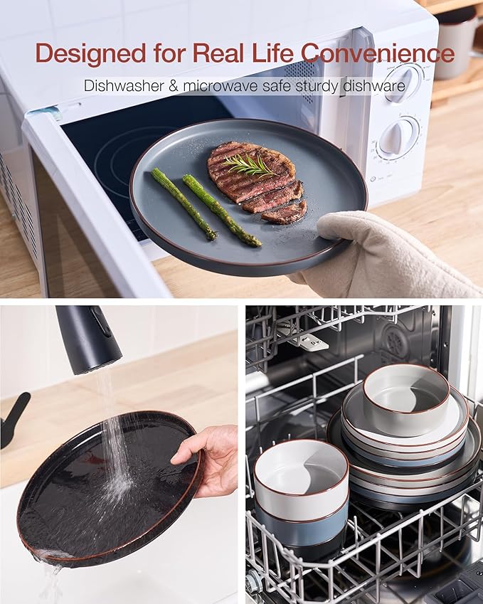 Famiware Nebula Ridge Stoneware Dinnerware Sets for 8 24 Pieces Plates and Bowls Sets Dishes Set Microwave and Dishwasher Safe Kitchen Plates Multi-color