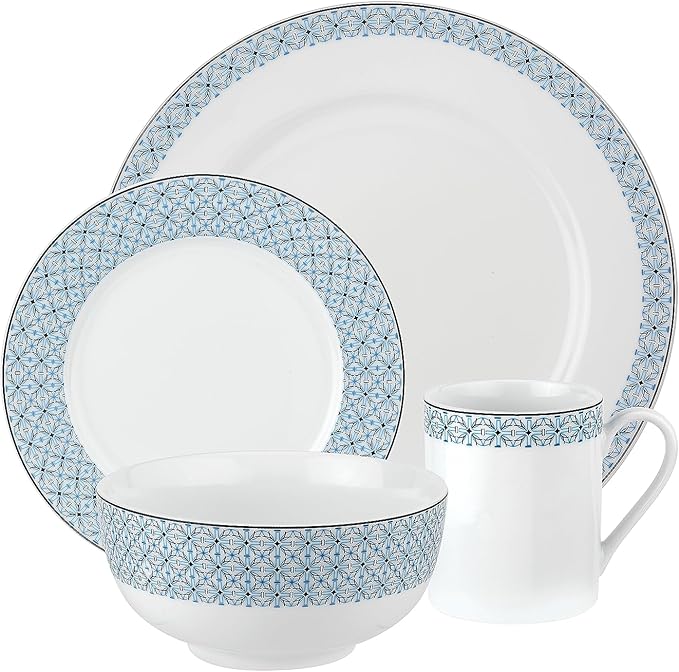 Portmeirion Home Mallorca 16 Piece Porcelain Dinnerware Set with Blue Geometric Border 4 Place Settings - Ideal for Weekday Meals Casual Brunches Relaxed Dinner Parties Small Family Celebrations