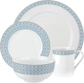 Portmeirion Home Mallorca 16 Piece Porcelain Dinnerware Set with Blue Geometric Border 4 Place Settings - Ideal for Weekday Meals Casual Brunches Relaxed Dinner Parties Small Family Celebrations