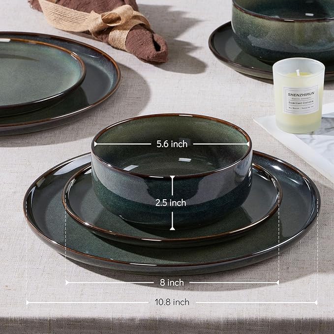 E-far 6-Piece Plates and Bowls Set Stoneware Dinnerware Sets for 2 Ceramic Dishes Reactive Glaze Dinning Ware Microwave &amp Dishwasher Safe - Obsidian Green