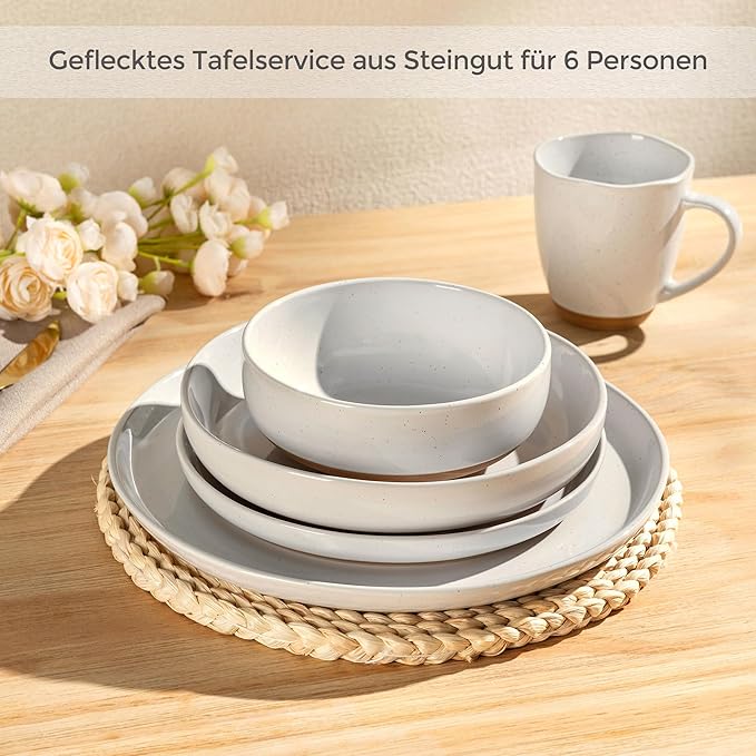 GBHOME 24-Piece Ceramic Dinnerware Set for 6 Handpainted Plates Pasta Bowls &amp Bowls Set with Rustic Terracotta Underside Scratch-Resistant Dishwasher &amp Microwave SafeSpeckled Glaze White