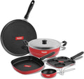 Sumeet Aluminium Dosa Tawa Multi Snack Maker Grill Pan And Kadhai With Lid Tadka Pan Cookware Set 1.1 L 1 Dosa Tawa1 Mini Multi Snack Maker1 Kadhai With Lid1 Grill Pan1 Tadka Pan (Red)