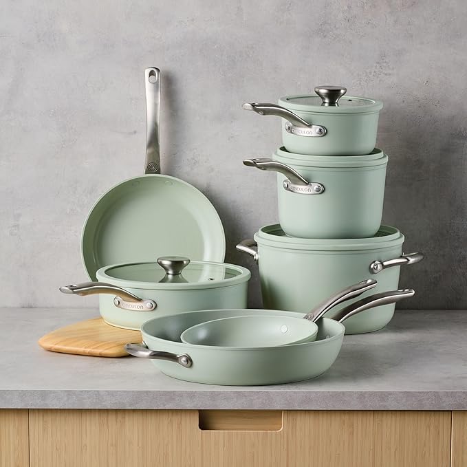 Circulon Halo with LaserDefense Ceramic Nonstick Pots and Pans with Lids Made without PFAS Compatible with All Stovetops Dishwasher and Oven Safe 11 Piece Cookware Set - Sage