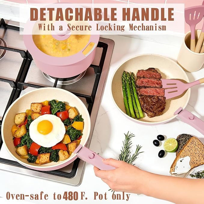 Umite Chef Pots and Pans Set Non Stick 21 pcs Nonstick Ceramic Cookware Set RV Kitchen Cooking Set with Detachable Handles Oven Safe Induction Cookware Stackable Pink PFAS PFOA &amp PTFE Free