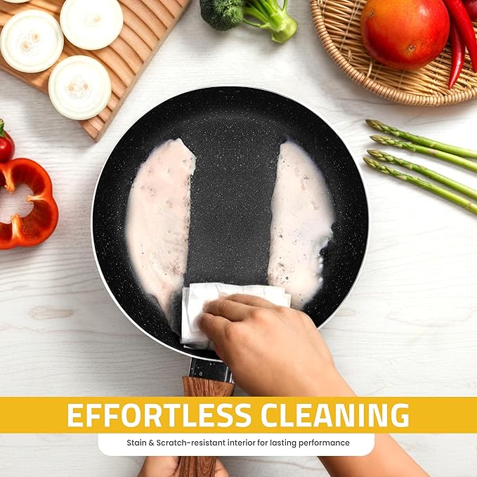 KICHLY Granite Kitchen Cookware Set 8 Piece Nonstick Pots &amp Pans Set Induction Frying Pans Saucepan with Lids Induction Compatible Cookware PFOA-Free Non-Stick Cooking Set Black