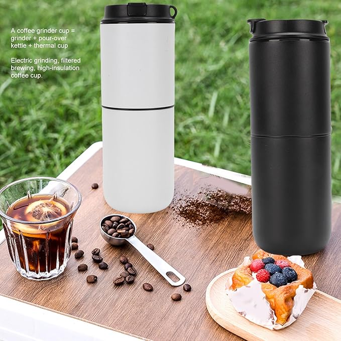 Portable Coffee Maker Machine 350ml Travel All in One Coffee Bean Grinder and Hand Brew Kit Semi Automatic 15 Grind Settings Quick Heating for RV Camping Car (Black)