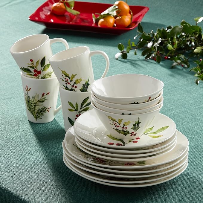 Holly and Vines Christmas Dinnerware Set – 16-Piece Stoneware Service for 4 with Artist-Designed Holiday Plates Mugs &amp Bowls Elegant Tableware for Christmas Hosting &amp Winter Entertaining