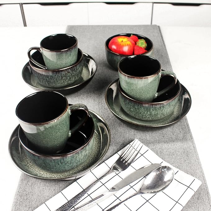Dinnerware Sets(12Pcs) Serves for 4 Reactive Glaze Plates and Bowls Set with Mug8.3Salad Plates5.5bowls Modern kitchen tableware Microwave safe Set No.8