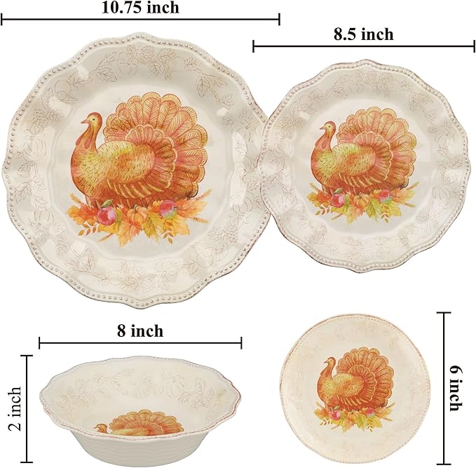 UPware 16 Piece Glitter Turkey Melamine Dinnerware Sets Outdoor Dishes Set Plates and Bowls Sets Autumn Thanksgiving Decorations Service for 4 Orange