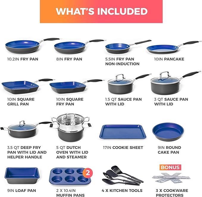 Mueller Sapphire UltraClad Kitchen Induction Pots and Pans Set Nonstick Induction Cookware Sets -24pc for Cooking Kitchen Cookware Sets Frying Pans