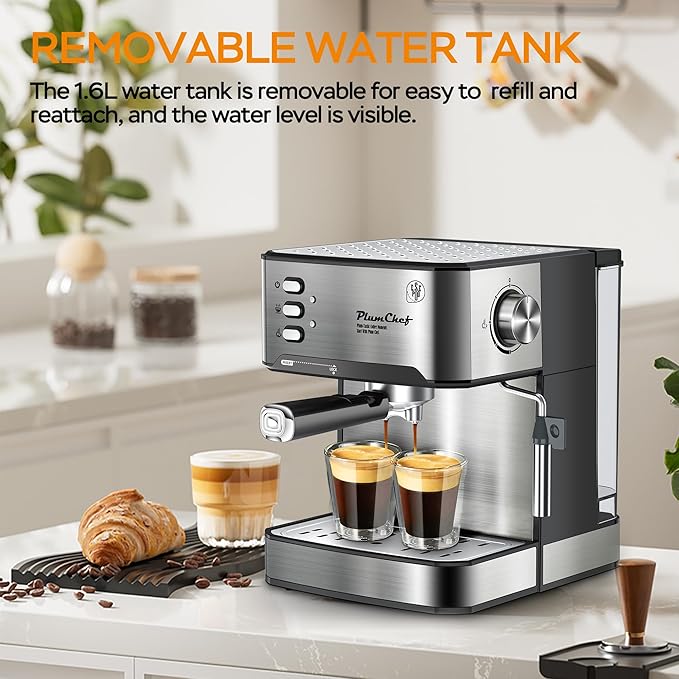 20 Bar Professional Espresso Machine with Milk Frother Dual Shot ESE Pod Compatible 54 OZ Removable Water Tank for Home BaristaSilver