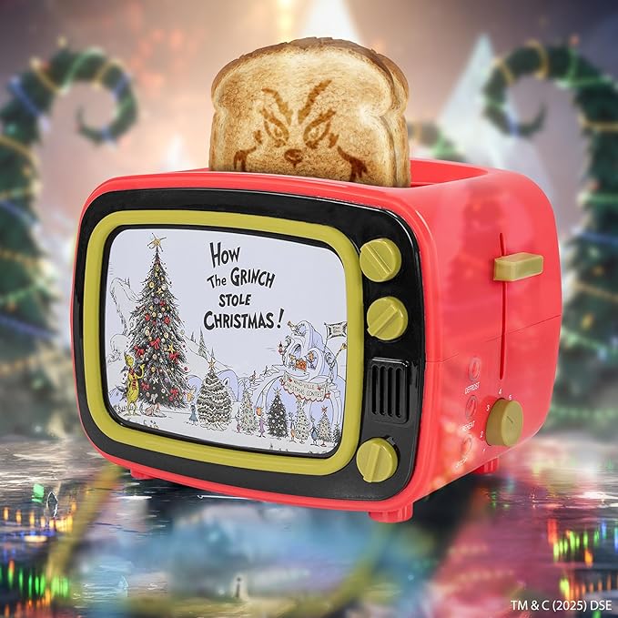 Uncanny Brands Dr. Seuss How the Grinch TV Toaster 2-Slice Holiday Breakfast Gift Grinch Face Toast Design