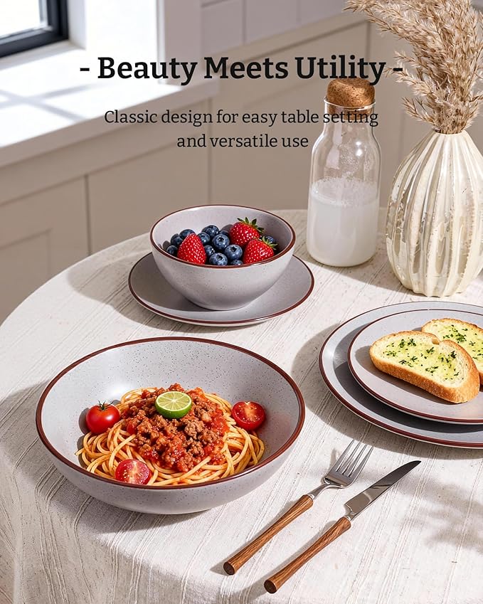 Famiware Venus Speckled Dinnerware Set 24-Piece Stoneware Dishes for 6 Matte Light Gray - Includes Pasta Bowls &amp Dinner Plates for Everyday Meals or Formal Dining Microwave &amp Dishwasher Saf