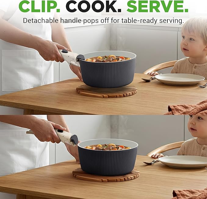 NutriChef 18-Piece Ceramic Cookware Set with Detachable Handles Non Stick Pots and Pans PTFE-Free Natural Ceramic Coating Space-Saving Design Oven &amp Stove Safe Includes Utensils