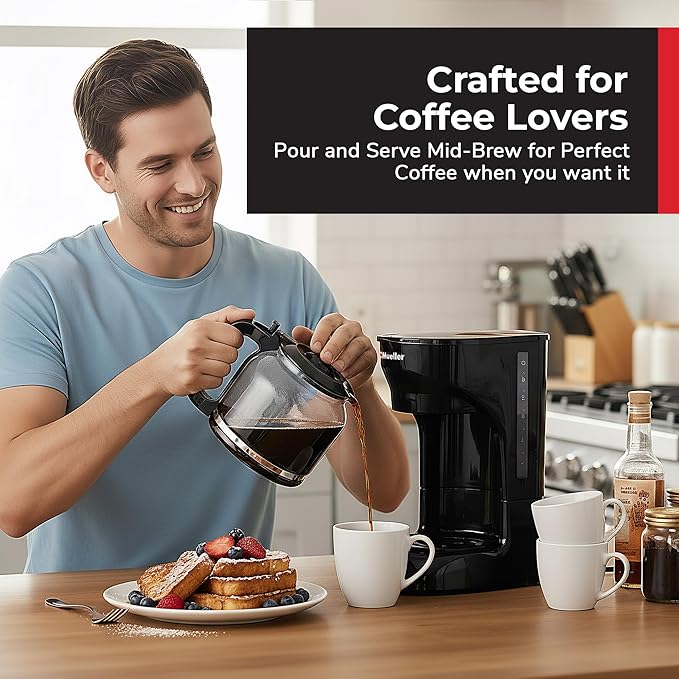 Mueller 12-Cup Drip Coffee Maker - Borosilicate Carafe Auto-Off Reusable Filter Anti-Drip Keep-Warm Function Clear Water Level Window Coffee Machine Kitchen Essentials &amp Accessories