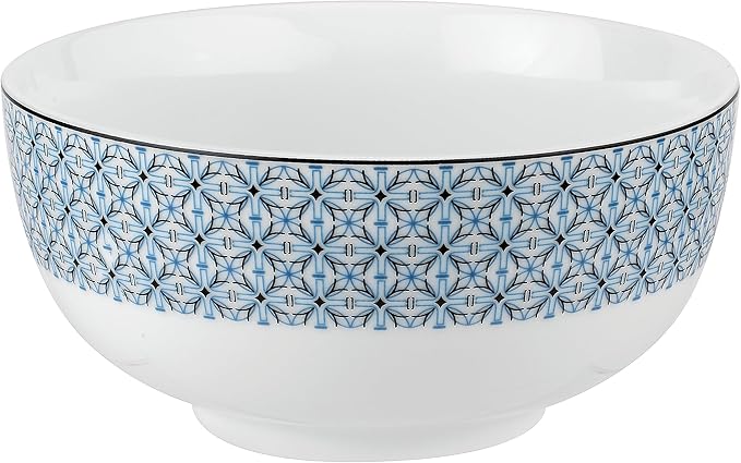 Portmeirion Home Mallorca 16 Piece Porcelain Dinnerware Set with Blue Geometric Border 4 Place Settings - Ideal for Weekday Meals Casual Brunches Relaxed Dinner Parties Small Family Celebrations