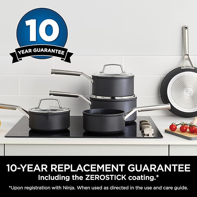 Ninja ZEROSTICK Premium 5-Piece Pan Set Long Lasting Non-Stick 3x Saucepans with Glass Lids 1x Milk Pan 1x Frying Pan Hard Anodised Aluminium Induction Compatible Grey C35000UK