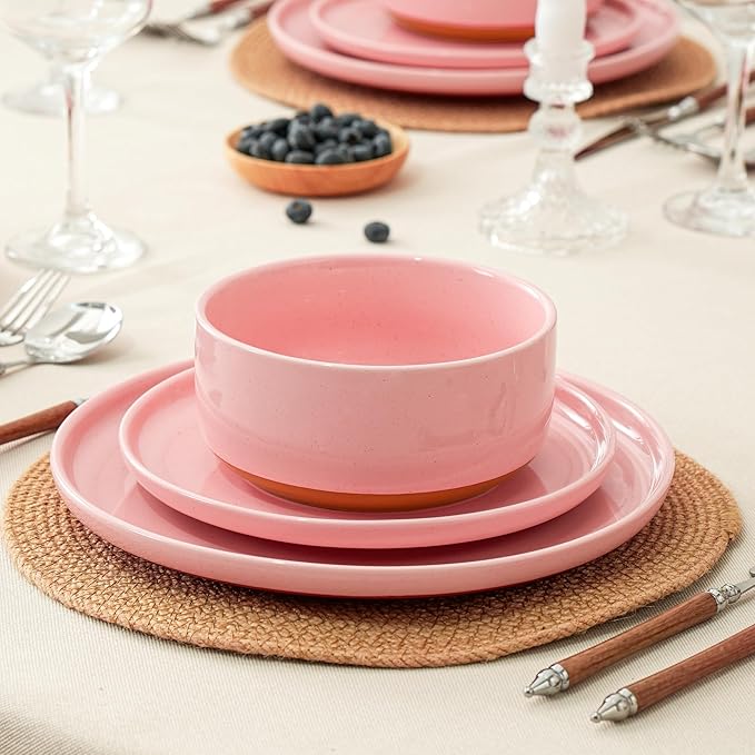 24 Piece Dinnerware Set Dual Glaze Stoneware Plates and Bowls Sets Modern Dinner Plate Salad Plate Cereal Bowl Dish Set for 8 Microwave and Dishwasher Safe Pink