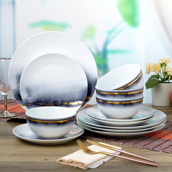 Joseph Sedgh Collection “Lazuli” 12-Piece Porcelain Dinnerware Set Service for 4 Blue and Gold