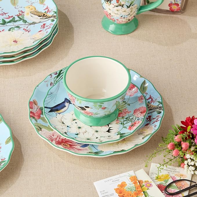 Flora 16-Piece Dinnerware Set Service for 4 – Includes Dinner Plates Dessert Plates Pedestal Mugs and Pedestal Ice Cream Bowls with Vibrant Nature-Inspired Floral Designs