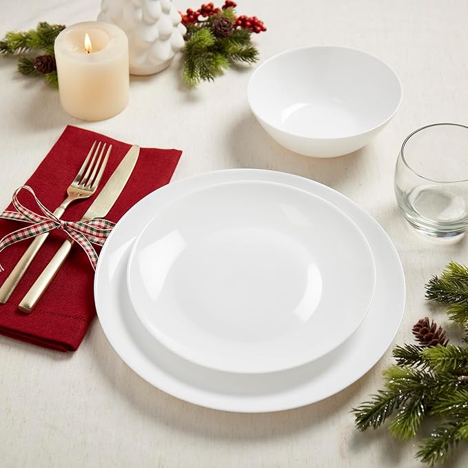 Tabletops Gallery Kitchen Dinnerware Set Microwave Dishwasher Safe Plates Bowls Service for 4-12 Piece Coupe Opal Glass Dinnerware Set White