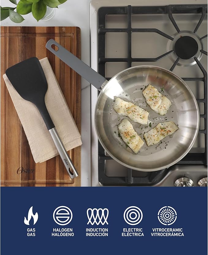 Oster Beauford 10-Inch Stainless Steel Frying Pan – Induction Oven &amp Dishwasher Safe Skillet Soft-Touch Gray Handle 5-Ply Encapsulated Bottom