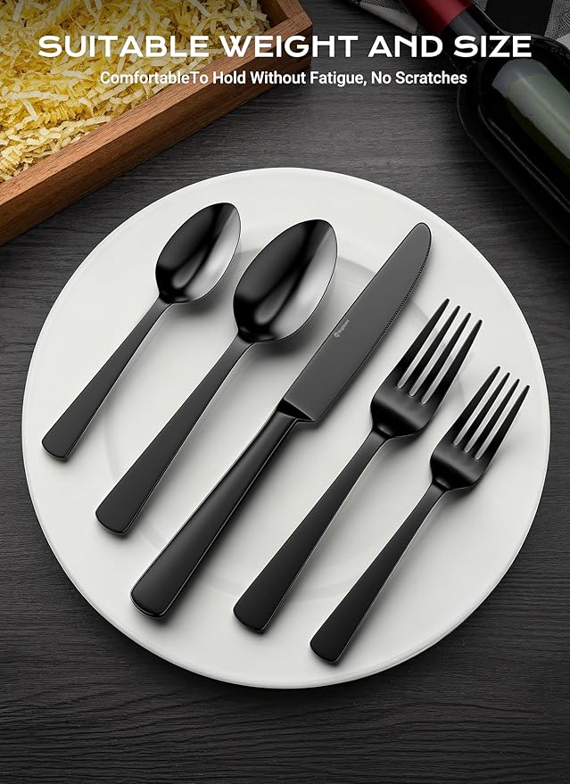 Black Silverware Set 45-Piece Flatware Set Service for 8 Durable Stainless Steel Mirror Polished Tableware Eating Cutlery Set Kitchen Utensils Set with Steak Knives Dishwasher Safe