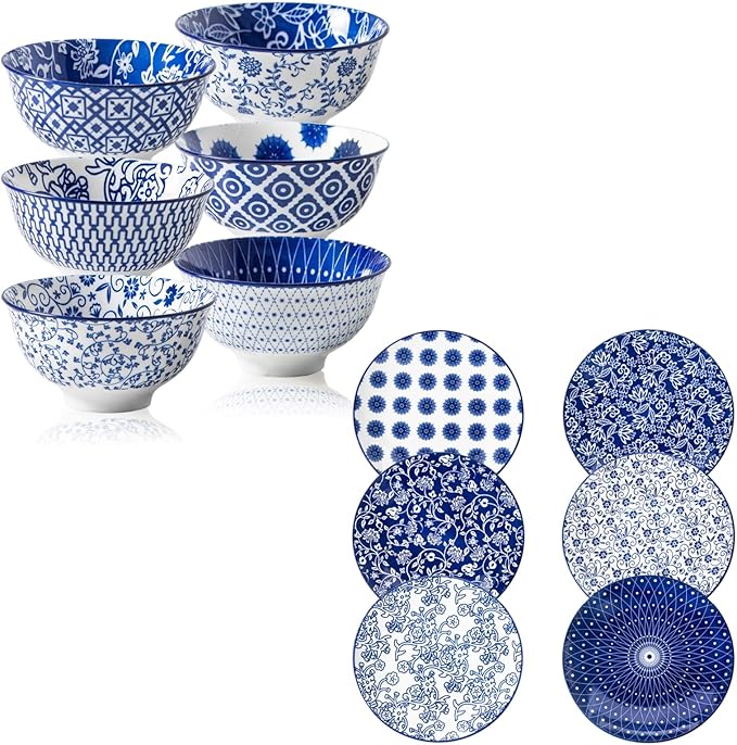 12 Pcs Ceramic Dinnerware - 12 OZ Dessert Bowls and 10.5 IN Dinner Plates Set - Service for 6 - Vintage Blue