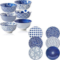 12 Pcs Ceramic Dinnerware - 12 OZ Dessert Bowls and 10.5 IN Dinner Plates Set - Service for 6 - Vintage Blue