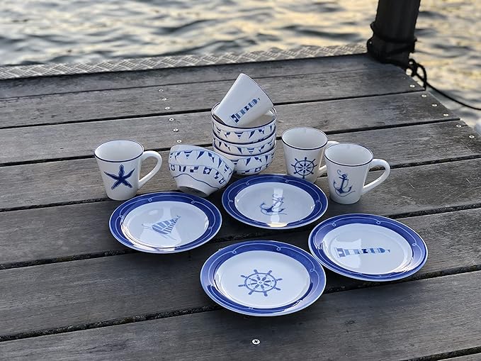 Euro Ceramica Ahoy Collection Nautical 12 Piece Dessert Set | Service for 4 | Assorted Designs Blue &amp WhiteStandardAHO-86001