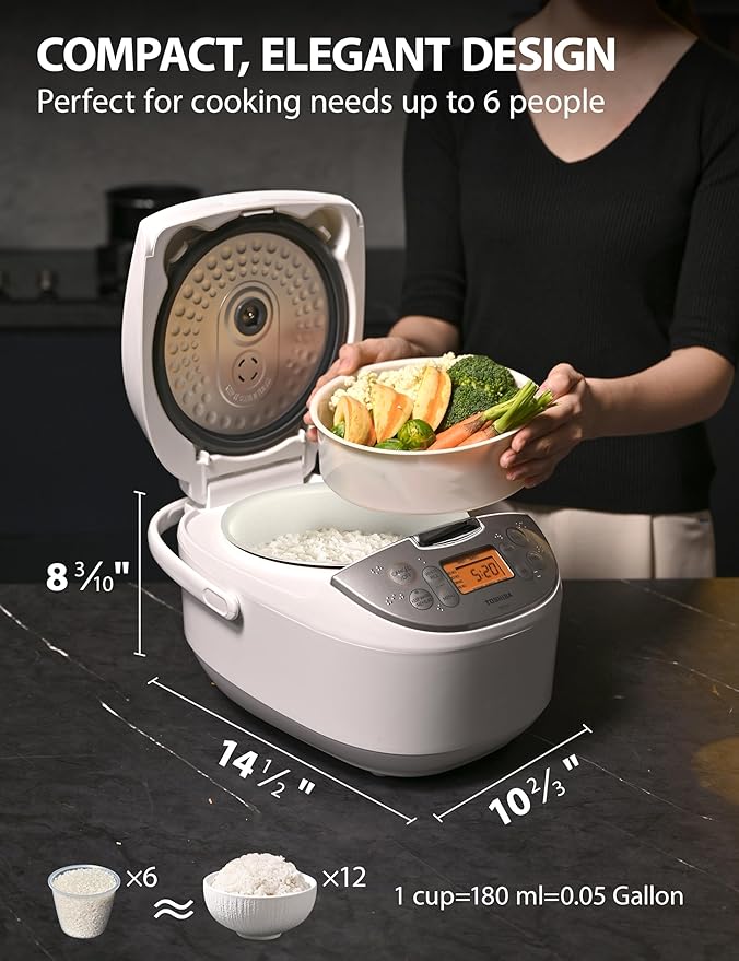 Toshiba Rice Cooker 6 Cup Uncooked – Japanese Rice Cooker with Fuzzy Logic Technology 7 Cooking Functions Digital Display 2 Delay Timers and Auto Keep Warm Non-Stick Inner Pot White