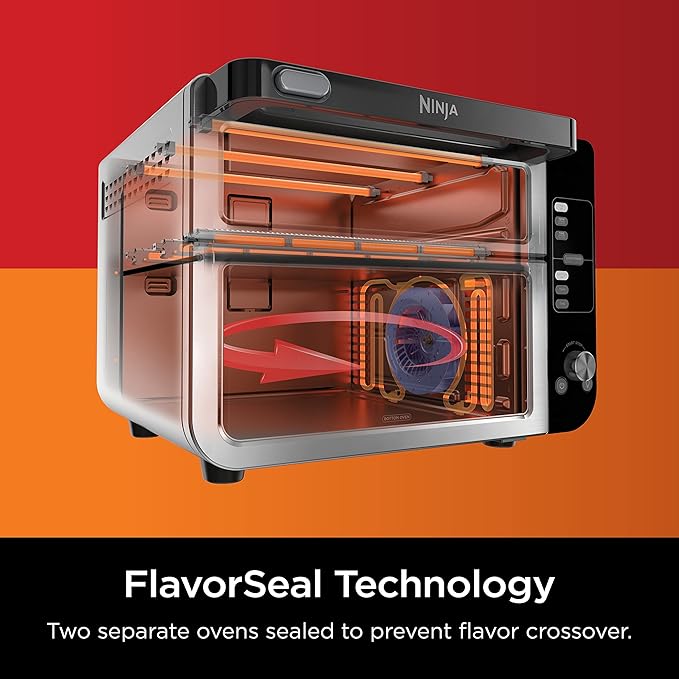 Ninja DCT401 12-in-1 Double Oven with FlexDoor FlavorSeal &amp Smart Finish Rapid Top Convection and Air Fry Bottom  Bake Roast Toast Air Fry Pizza and More Stainless Steel