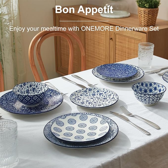 ONEMORE 12 Piece Ceramic Dinnerware Set for 4 Vintage Blue Stoneware Plates &amp Bowls Set - Scratch Resistant Microwave Dishwasher &amp Oven Safe Everyday Family Meals