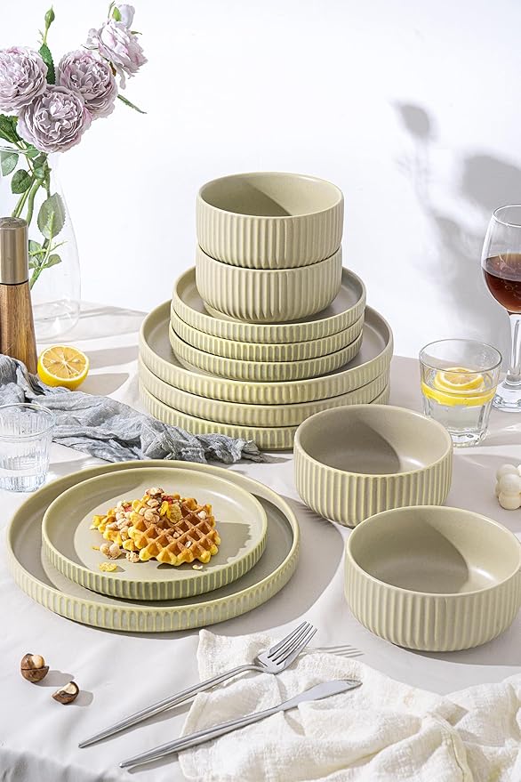 24 Piece Green Dinnerware SetCeramic Plates and Bowls Set for 8 – Calm Dish Set for Soft Gatherings Wellness Homes &amp Easy Eleg