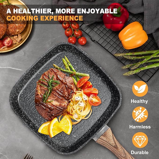 DUMOS 3 Pcs Grill Pans Set Nonstick Square Frying Pan Skillet Set with Stay Cool Handle &amp PFOA Free Compatible with All Stovetops (9.5 10 11) Light Black