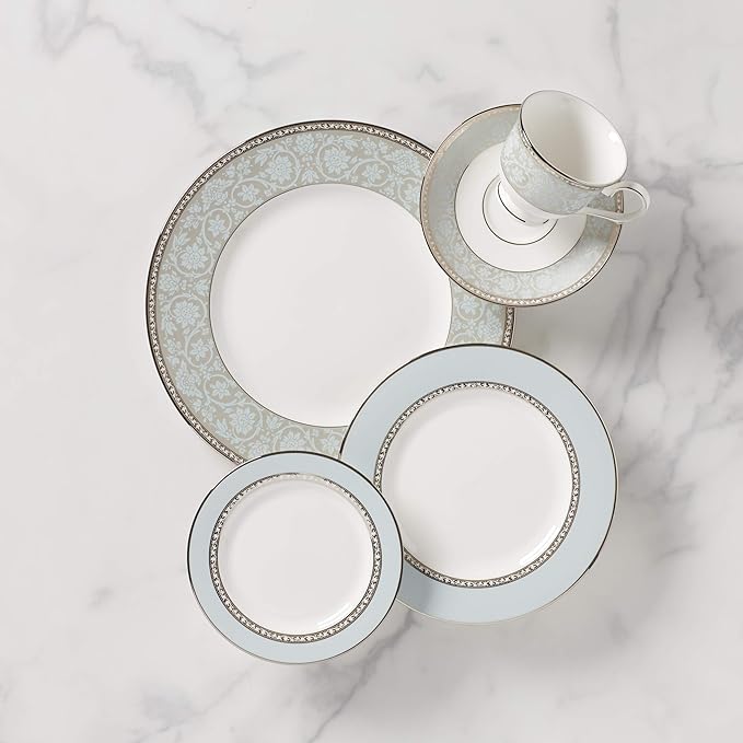 Lenox Dinnerware Set Westmore 5-Piece Place Setting Set Service for 1 Bone China Dinnerware Dishwasher And Microwave Safe Plate Saucer and Teacup Kitchen and Dining (White/Blue 5 Piece)