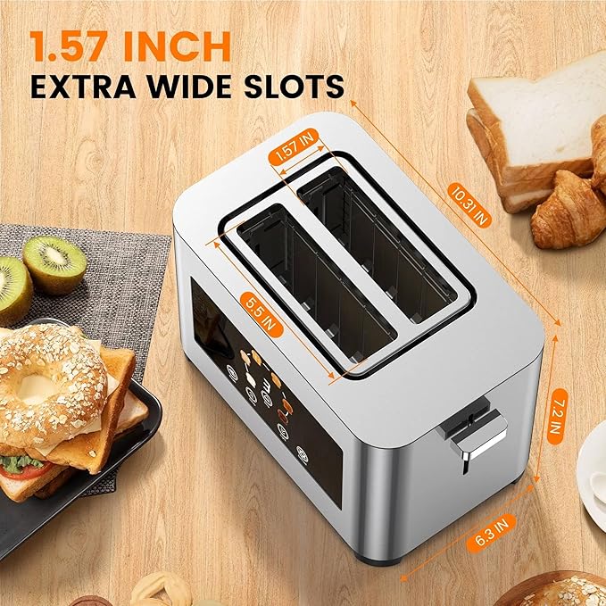 2-Slot Digital Touchscreen Toaster with Wide Slots and 6 Toast Settings Stainless Steel