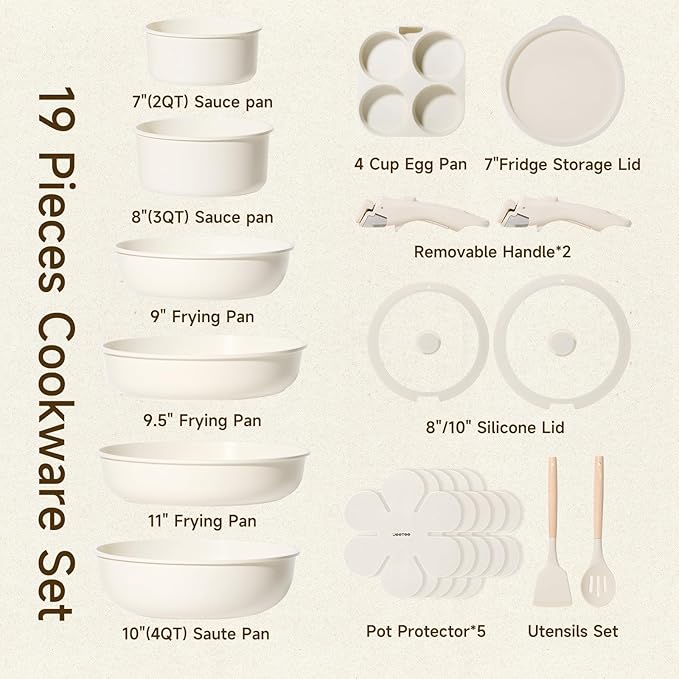 JEETEE Pots and Pans Set Non Stick 19pcs Kitchen Cookware Sets with Detachable Handle Induction Nonstick Cookware Set with Removable Handle Stackable RV Cookware Oven Safe PFAS/PFOA Free Beige