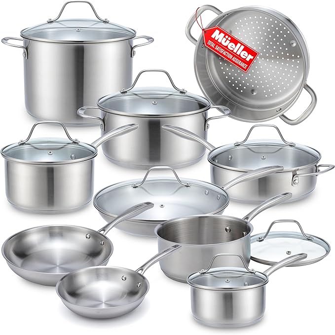 Mueller 17-Piece Stainless Steel Pots and Pans Set – Tri-Ply Ultra-Clad Pro Cookware Set Induction Ready Oven Safe Even-Heat Aluminum Core Includes Skillets Saucepans Dutch Oven Stockpot