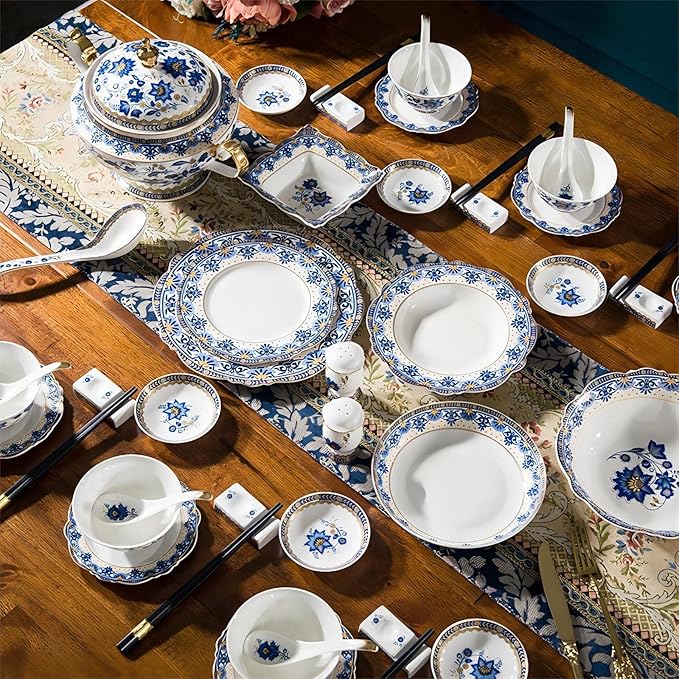 ACMLIFE Bone China Tea Set &amp Dinnerware Set for 4 Vintage Floral Design Blue and White