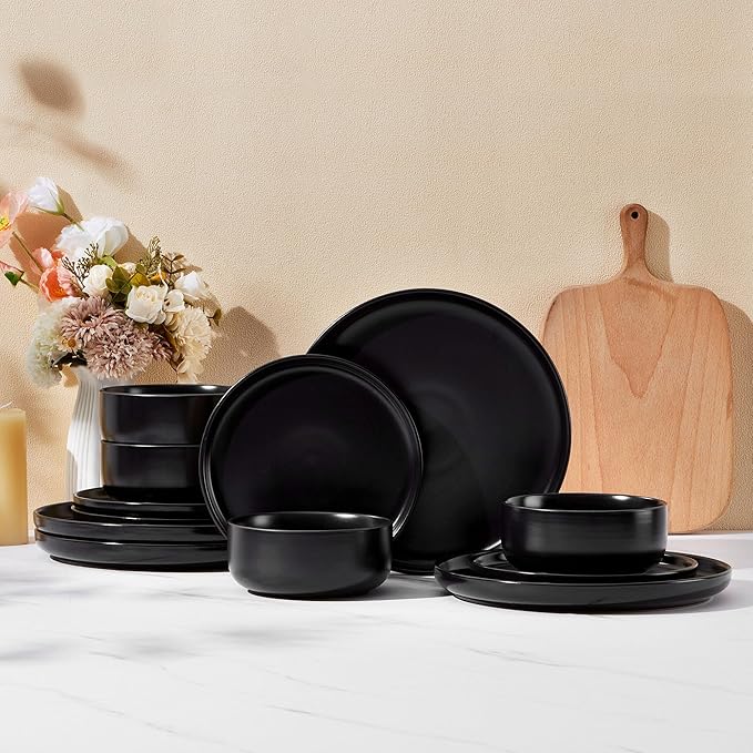 Vesteel Dinnerware Sets for 4 12-Piece Stoneware Dish and Bowls Set Handmade Reactive Glaze Coupe Plates Set for Family Chip &amp Scratch Resistant - Matte Black